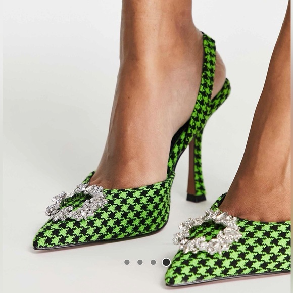 ASOS Shoes - ASOS Green Houndstooth Slingback Heels with Crystal Buckle